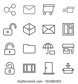 Thin line icon set : share, mail, delivery, unlock, box, window, documents, insurance, shop, unlocked, door, package