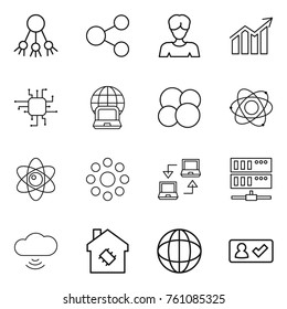 Thin line icon set : share, woman, diagram, chip, notebook globe, atom core, round around, connect, server, cloud wireless, smart house, check in
