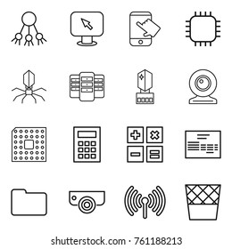 Thin line icon set : share, monitor arrow, touch, chip, virus, server, crystall memory, web cam, cpu, calculator, invoice, documents, surveillance camera, wireless, trash bin