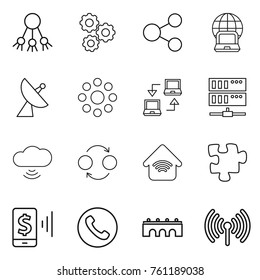 Thin line icon set : share, gear, notebook globe, satellite antenna, round around, connect, server, cloud wireless, quantum bond, home, puzzle, mobile pay, phone, bridge