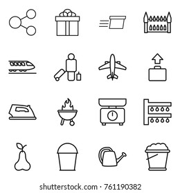 Thin line icon set : share, gift, delivery, gothic architecture, train, passenger, airplane, baggage, iron, bbq, kitchen scales, watering, pear, bucket, can, foam