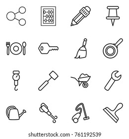 Thin line icon set : share, abacus, pencil, pin, cafe, key, broom, pan, handle scales, meat hammer, wheelbarrow, wrench, watering can, blower, vacuum cleaner, scraper