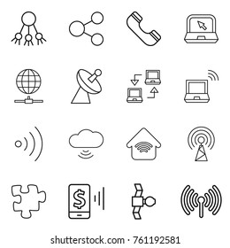 Thin line icon set : share, phone, notebook, globe connect, satellite antenna, wireless, cloud, home, puzzle, mobile pay