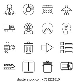 Thin line icon set : share, circle diagram, calendar, plane, truck, medal, bulb head, satellite, bin, right arrow, list, train, power switch, pan, microwave oven