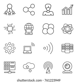 Thin line icon set : share, woman, diagram, chip, notebook globe, atom core, round around, wireless, server, cloude service, antenna, web cam