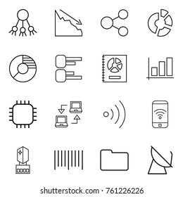 Thin line icon set : share, crisis, circle diagram, annual report, graph, chip, notebook connect, wireless, phone, crystall memory, bar code, documents, satellite antenna