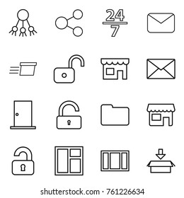 Thin line icon set : share, 24 7, mail, delivery, unlock, shop, door, documents, unlocked, window, package
