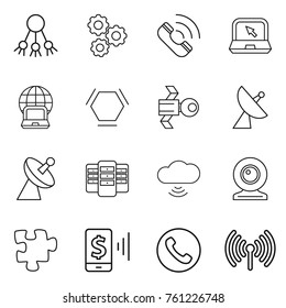 Thin line icon set : share, gear, call, notebook, globe, hex molecule, satellite, antenna, server, cloud wireless, web cam, puzzle, mobile pay, phone