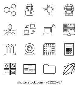 Thin line icon set : share, call center, chip, notebook globe, virus, connect, wireless, server, fingerprint, web cam, cpu, calculator, invoice, documents, bug