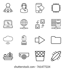 Thin line icon set : share, call center, touch, chip, notebook, globe connect, server, cloud wireless, crystall memory, right arrow, documents, baggage checking, surveillance camera, trash bin, bug