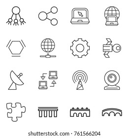 Thin line icon set : share, notebook, globe, hex molecule, connect, gear, satellite, antenna, web cam, puzzle, bridge