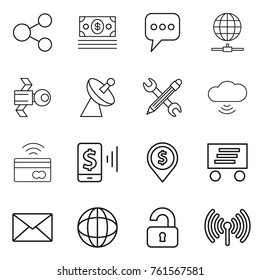 Thin line icon set : share, money, message, globe connect, satellite, antenna, pencil wrench, cloud wireless, tap to pay, mobile, dollar pin, delivery, mail, unlocked
