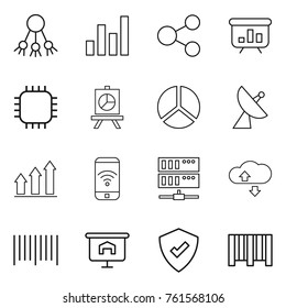 Thin line icon set : share, graph, presentation, chip, diagram, satellite antenna, up, phone wireless, server, cloude service, bar code, protected