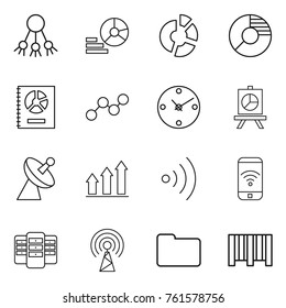 Thin line icon set : share, diagram, circle, annual report, graph, clock, presentation, satellite antenna, up, wireless, phone, server, documents, bar code