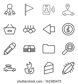 Thin line icon set : share, flag, pass card, car pointer, remove from basket, sale, left arrow, info, pencil, money, documents, cargo search, baggage, fire, cake, bug