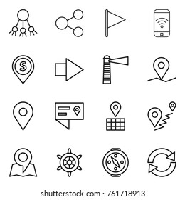 Thin line icon set : share, flag, phone wireless, dollar pin, right arrow, lighthouse, geo, location details, map, route, handwheel, compass, reload
