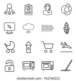 Thin line icon set : share, report, call center, circle diagram, monitor arrow, cloud wireless, battery, spark plug, baby stroller, tower, cart, arrival, unlocked, microwave oven, grill, rake