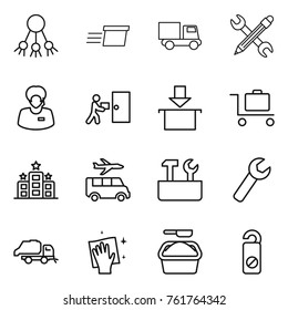 Thin line icon set : share, delivery, truck, pencil wrench, support manager, courier, package, baggage trolley, hotel, transfer, repair tools, trash, wiping, washing powder, do not distrub