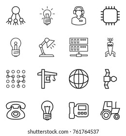 Thin line icon set : share, bulb, call center, chip, table lamp, server, dna modify, tower crane, globe, satellite, phone, intercome, tractor