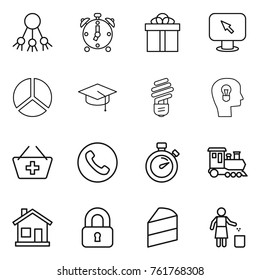 Thin line icon set : share, alarm clock, gift, monitor arrow, diagram, graduate hat, bulb, head, add to basket, phone, stopwatch, train, home, locked, cake, garbage bin