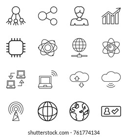 Thin line icon set : share, woman, diagram, chip, atom, globe connect, notebook, wireless, cloude service, cloud, antenna, check in