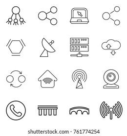 Thin line icon set : share, notebook, molecule, hex, satellite antenna, server, cloude service, quantum bond, wireless home, web cam, phone, bridge