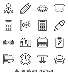 Thin line icon set : share, pencil, team, presentation, calculator, store signboard, school, city, calendar, clipboard pen, hotel, watch, table, armchair