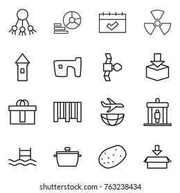 Thin line icon set : share, diagram, calendar, nuclear, tower, slum, satellite, package, hi quality, bar code, plane shipping, detector, pool, pan, potato