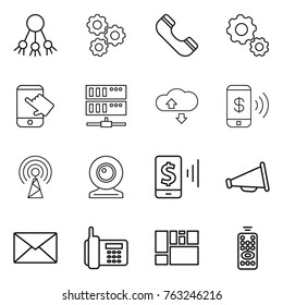 Thin line icon set : share, gear, phone, touch, server, cloude service, pay, antenna, web cam, mobile, loudspeaker, mail, consolidated cargo, remote control