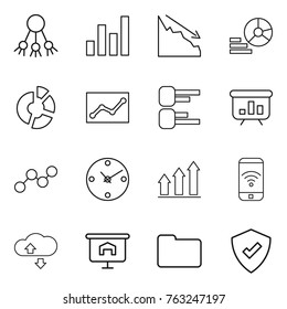 Thin line icon set : share, graph, crisis, diagram, circle, statistics, presentation, clock, up, phone wireless, cloude service, documents, protected