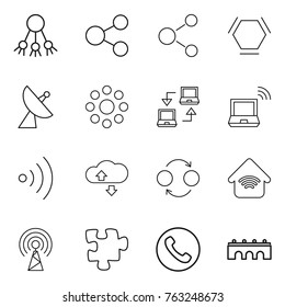 Thin line icon set : share, molecule, hex, satellite antenna, round around, notebook connect, wireless, cloude service, quantum bond, home, puzzle, phone, bridge