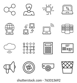 Thin line icon set : share, woman, chip, notebook, globe, connect, wireless, server, cloud, calculator, invoice, loudspeaker, cooler fan, surveillance camera, trash bin