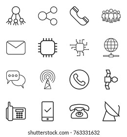 Thin line icon set : share, phone, team, mail, chip, globe connect, discussion, antenna, satellite, mobile checking