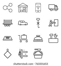 Thin line icon set : share, warehouse, phone wireless, delivery, truck shipping, car, do not hook sign, courier, taxi, baggage trolley, service bell, repair tools, rag, skyscrapers cleaning