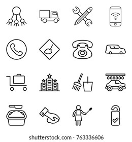 Thin line icon set : share, truck, pencil wrench, phone wireless, under construction, car shipping, baggage trolley, hotel, bucket and broom, wash, washing powder, wiping, woman with duster