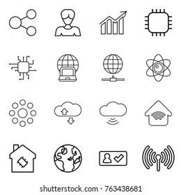 Thin line icon set : share, woman, diagram, chip, notebook globe, connect, atom, round around, cloude service, cloud wireless, home, smart house, check in