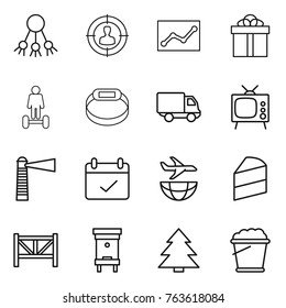 Thin line icon set : share, target audience, statistics, gift, hoverboard, smart bracelet, delivery, tv, lighthouse, terms, plane shipping, cake, farm fence, hive, spruce, foam bucket