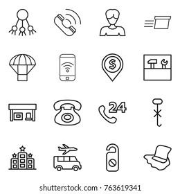 Thin line icon set : share, call, woman, delivery, parachute, phone wireless, dollar pin, tools, gas station, 24, do not hook sign, hotel, transfer, distrub, floor washing