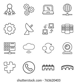 Thin line icon set : share, gear, notebook, globe connect, satellite antenna, server, cloud wireless, quantum bond, web cam, puzzle, phone, bridge