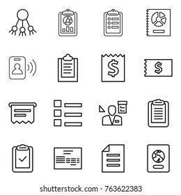 Thin line icon set : share, report, clipboard, annual, pass card, receipt, atm, list, architector, check, invoice, document, passport
