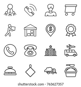 Thin line icon set : share, call, woman, delivery, courier, warehouse, dollar pin, medal, phone, hotel, transfer, service bell, rag, trash truck, washing powder
