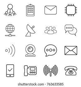 Thin line icon set : share, clipboard, mail, chip, globe connect, satellite antenna, group, discussion, wireless, web cam, balloon, mobile checking, intercome, phone