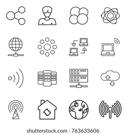 Thin line icon set : share, woman, atom core, globe connect, round around, notebook, wireless, server, cloude service, antenna, smart house
