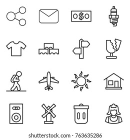Thin line icon set : share, mail, money, spark plug, t shirt, block wall, signpost, broken, tourist, airplane, sun, home, speaker, windmill, trash bin, cleaner