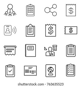 Thin line icon set : share, clipboard, receipt, pass card, atm, copybook, architector, check, invoice, passport, list