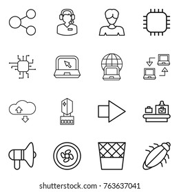 Thin line icon set : share, call center, woman, chip, notebook, globe, connect, cloude service, crystall memory, right arrow, baggage checking, loudspeaker, cooler fan, trash bin, bug