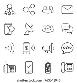 Thin line icon set : share, group, mail, touch, satellite antenna, discussion, wireless, phone pay, megafon, balloon, mobile checking, remote control, intercome