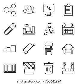 Thin line icon set : share, group, monitor arrow, clipboard, pencil, city, client, calendar, sorting, suitcase, chair, armchair, window, trash bin, skysrcapers cleaning