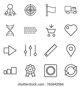 Thin line icon set : share, target, flag, truck, dna, battery, add to cart, heart, right arrow, equalizer, ruler, geo pin, sorting, medal, ring button, reload