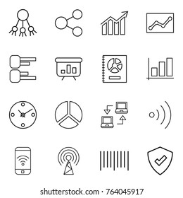 Thin line icon set : share, diagram, statistics, presentation, annual report, graph, clock, notebook connect, wireless, phone, antenna, bar code, protected